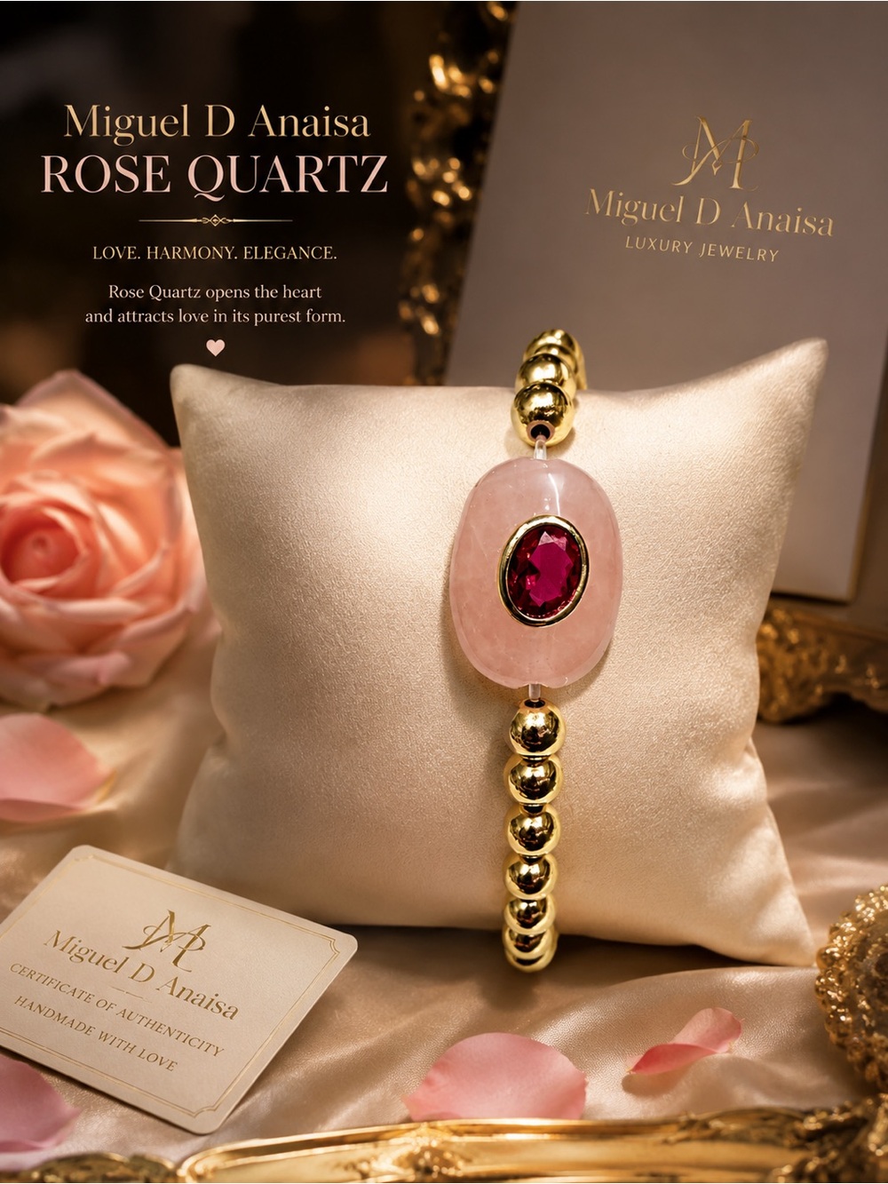 Rose Quartz & Gold Beaded Bracelet with Pink Center Stone